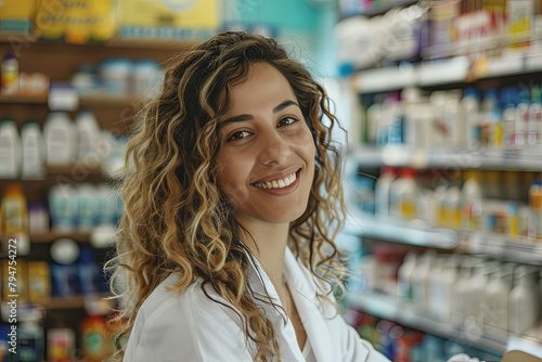 Woman pharmacist offering a friendly smile while working at a pharmacy counter
