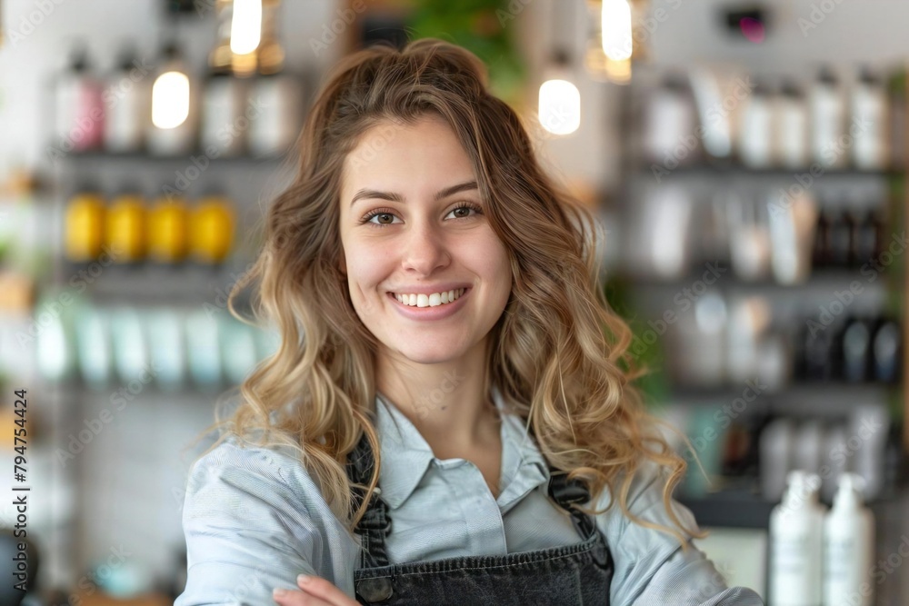 Radiant Hair Wizard: Portrait of a Happy Female Hairstylist in Salon Radiant Hair Wizard: Portrait of a Happy Female Hairstylist in Salon