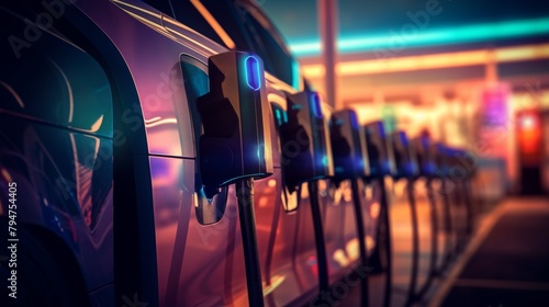  fleet of electric cars charging at a large charging station, with the charging cables creating a colorful pattern and the cars' charging status displayed on a digital display board.