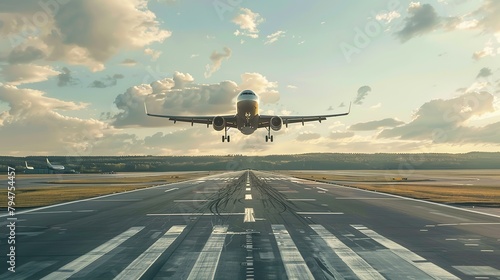 Passenger plane is landing of the airport takeoff on airport runway. Aviation and air travel passenger plane lands on the runway. Transportation and logistics concept. copy space for text.