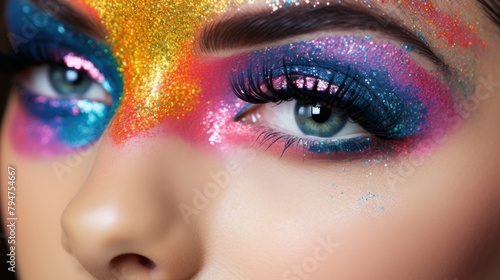 A close-up selfie of a person with colorful makeup and glitter eye shadow,