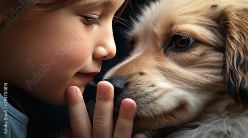 a child's hand gently caressing their dog's snout, their eyes sparkling with pure joy and innocence.