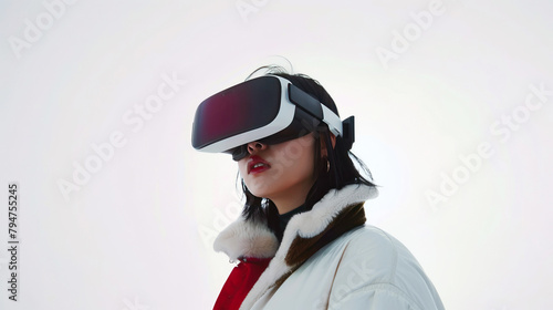 Portrait of a young woman with virtual reality glasses against a white isolated background.