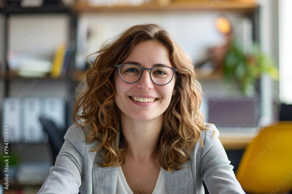 Confident Female Virtual Assistant Poses in Modern Office Setting Confident Female Virtual Assistant Poses in Modern Office Setting