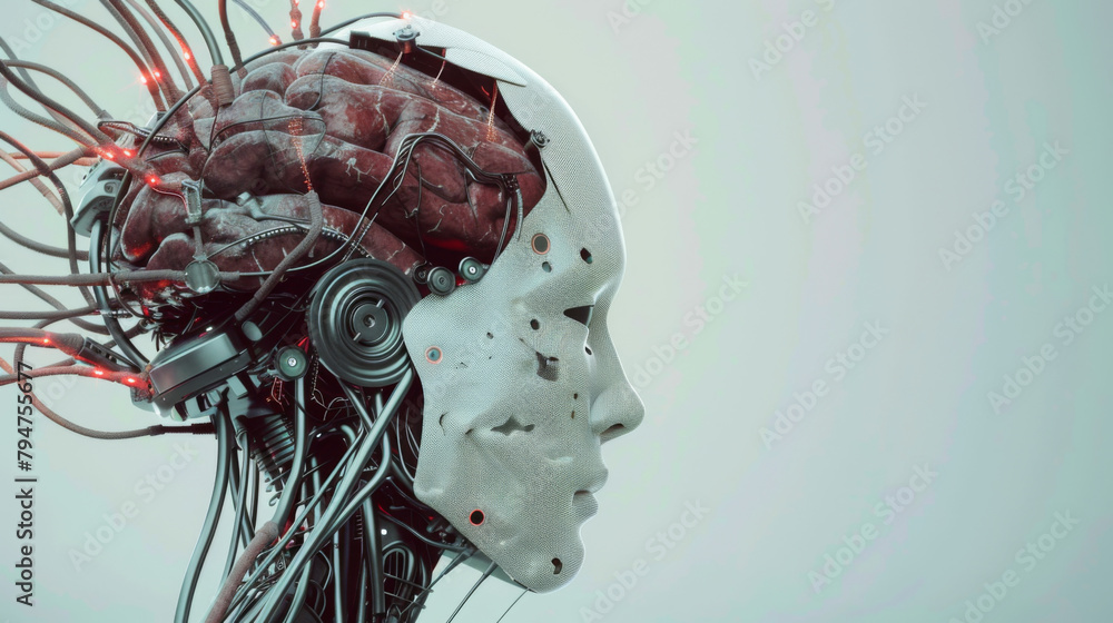 Side on view of a futuristic robot with wires connecting the brain with a theme of futuristic thinking