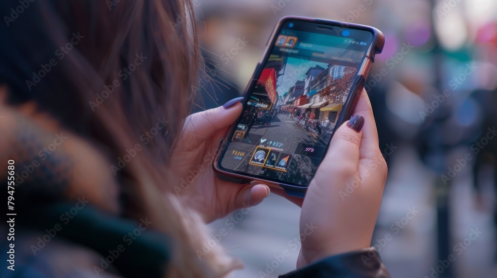 Closeup of a person deeply engaged in an augmented reality game on their smartphone, holding the device with both hands