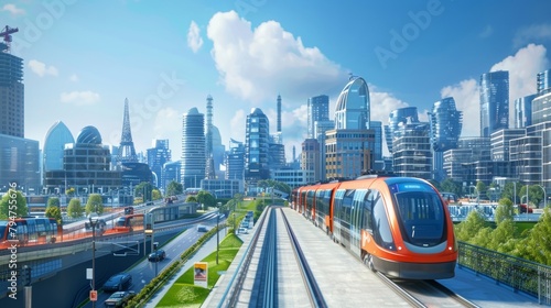 A bustling cityscape dotted with electric cars and public transportation powered by biofuels. The environment benefits from this sustainable form of energy while the citys skyline .