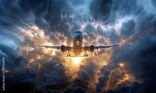Airplane Amidst Stormy Skies.Generate AI photo