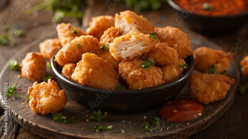 A black bowl is filled with crispy tater tots resting on top of a wooden table photo