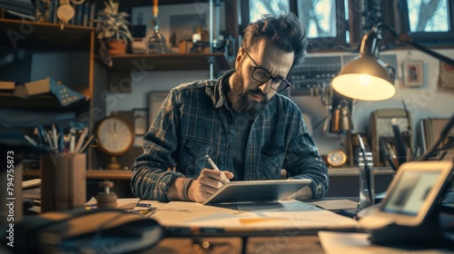 A designer sits at a desk, focused on sketching with a tablet