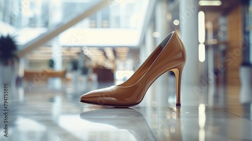A high heeled shoe, showcasing its sleek design, gracefully rests on the floor