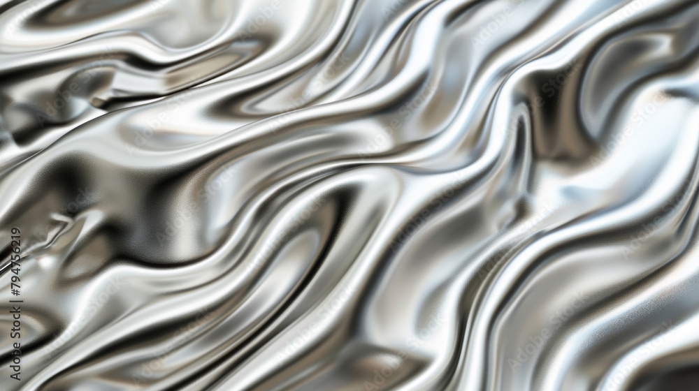 Shiny silver silk fabric with a wavy, metallic texture and undulating appea Shiny silver silk fabric with a wavy, metallic texture and undulating appea