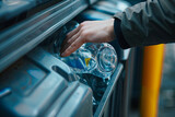 An individual's hand depositing a plastic item into a recycling bin, symbolizing environmental stewardship