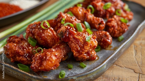 Close-up view of delectable Korean fried chicken served on a table, garnished with vibrant green onions