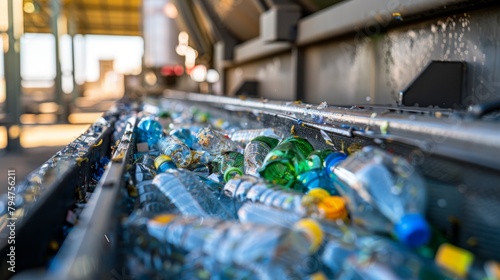 Plastic bottles lined up on a conveyor belt in a recycling facility outside