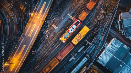 An elevated view of a train station at night with a freight train in motion amidst bustling activity