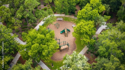 Overhead view of playground structures surrounded by greenery in a park setting