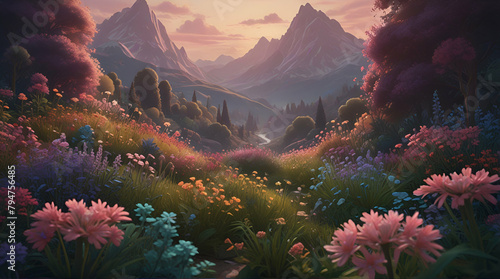 A lush, 3D-rendered landscape bursts with stylized flowers and flowing, ribbon-like textures in a soft, pastel-hued dreamscape, Generative.AI 