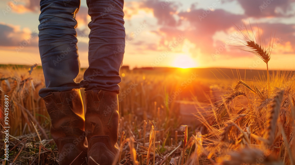A low shot of a farmer looking out at a wheat crop in a field at sunset