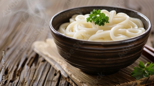 A bowl of artisanal udon noodles topped with a garnish of fresh parsley on a wooden tabletop