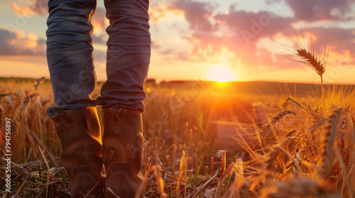 Obraz na płótnie A low shot of a farmer looking out at a wheat crop in a field at sunset w salonie