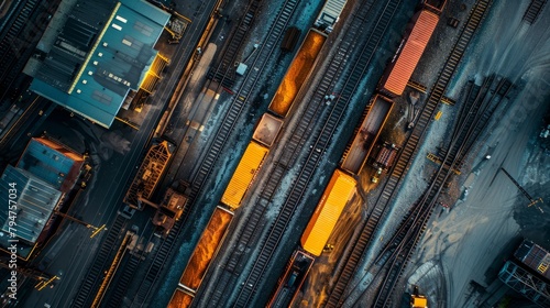 A commercial overhead photo of a bustling train yard filled with numerous train cars as a freight train passes through