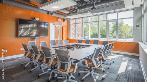 A commercial photograph showcasing a state-of-the-art conference room with a large table and chairs neatly arranged