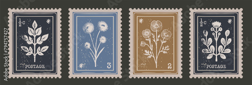 Retro Floral Postage Stamp Collection. Set of Vintage Scrapbooking Post Mail Elements