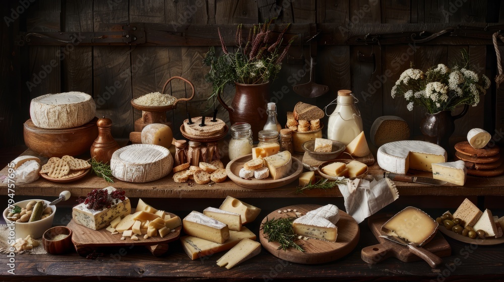 A variety of gourmet cheeses and dairy products arranged on a wooden table for a delicious and diverse display