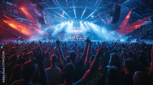 A wide-angle shot of a bustling indoor arena during a live music festival, capturing the dynamic energy of a massive crowd enjoying the performance