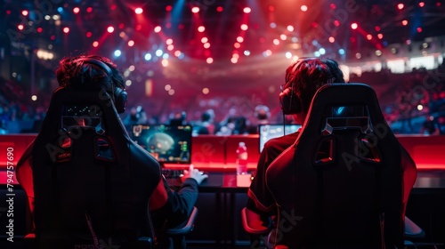 Two esports competitors are seated at a desk, wearing headphones, and intensely focused on a match on their laptop computer