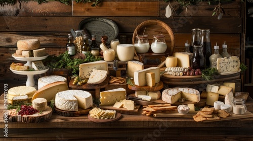 Various types of gourmet cheese and dairy products artfully displayed on a wooden table