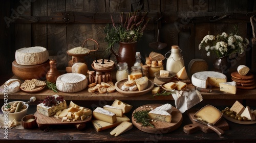 A variety of gourmet cheeses and dairy products arranged on a wooden table for a delicious and diverse display © Ilia Nesolenyi