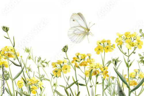 モンシロチョウと菜の花 a small cabbage white butterfly flying over a field of canola flowers. photo