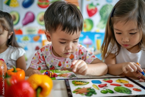 Niños pequeños enfocados en identificar vegetales y colores en una actividad educativa lúdica, en un ambiente de aula