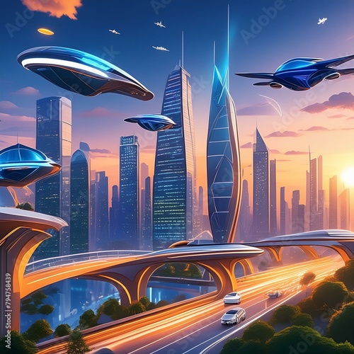  a futuristic cityscape at dusk  with glowing skyscrapers and flying cars. 