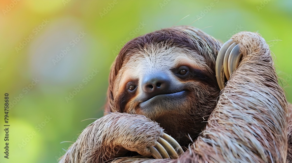 Fototapeta premium Relaxed Sloth Hanging Peacefully on Tree Branch in Lush Tropical Forest
