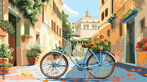 Bicycle with flowers in the old street in Rome Italy