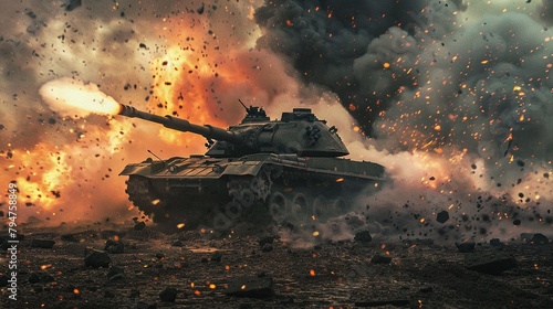 a tank shooting on the battlefield, tank battle in war photo