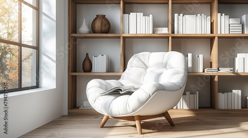 An open magazine on a comfortable armchair, surrounded by bookshelves, vintage chairs, and home decor, inviting relaxation and reading in a cozy living room. © Wanlop
