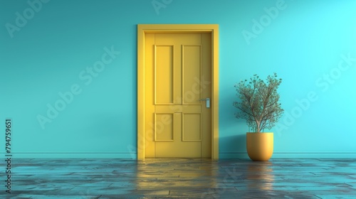 Vibrant yellow door contrasting against a calming pastel blue room, creating a visually striking and minimal composition perfect for design and architectural concepts. photo