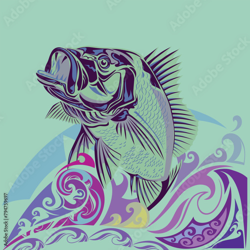 Fish bone icons, fishbone north west native americans style fish jump out of the water - Predatory fish with open mouth
