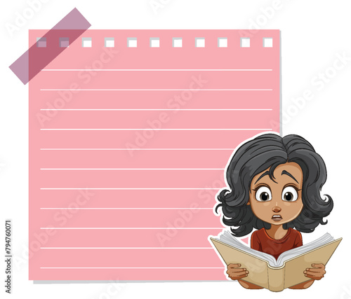 Cartoon girl reading book, large pink notebook behind