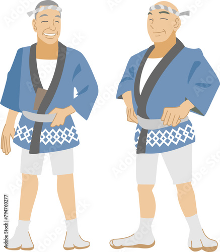 法被を着て祭りに参加するシニア男性達のイラスト