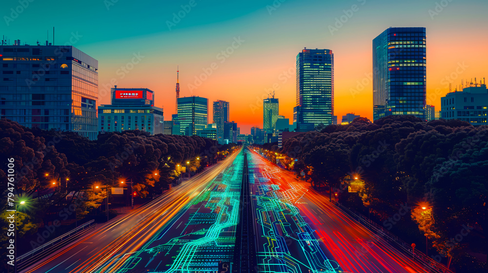 Fototapeta premium Dynamic city traffic at night. capturing the vibrant energy and movement of urban life and transportation systems