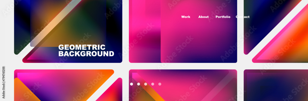 An assortment of vibrant geometric backgrounds featuring colorful triangles, lines, and rectangles in shades of purple, violet, red, magenta, and electric blue