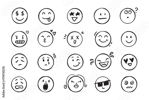 Emoji face icon doodle set. Faces with different emotion mood. Hand drawn comic sketch style. 