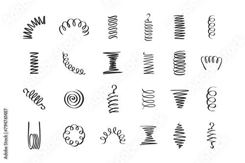 Drawing spiral set. Hand drawn Metal coil spiral icons. Doodle flexible coils, wire spring symbols  photo
