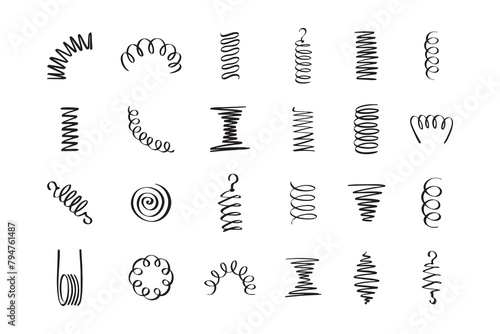 Drawing spiral set. Hand drawn Metal coil spiral icons. Doodle flexible coils, wire spring symbols 