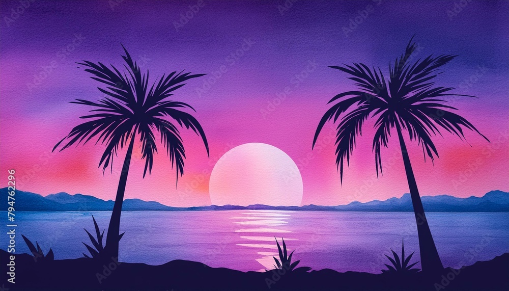 sunset on the beach tree national landscape evening minimalist watercolor  illustration of monolith